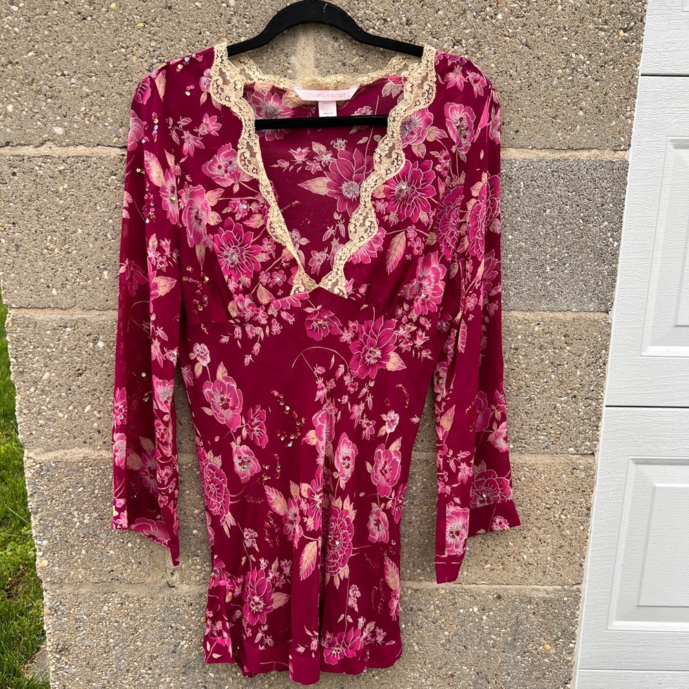 Victoria's Secret Silk Dress Lingerie Nightgown Long Sleeve Sequins Size Large